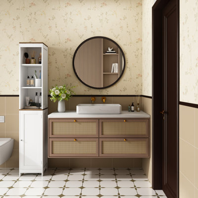 Tall Bathroom Storage Cabinet With Reversible Door, Freestanding Linen Tower With Open Shelves And Enclosed Cabinet, Narrow Floor Cabinet Organizer For Bathroom, Laundry Room Or Small Spaces – White