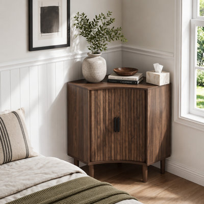 Fluted Corner Cabinet with Sliding Doors and Adjustable Shelves, Modern Wooden Freestanding Storage for Small Spaces, Living Room, Dining Room, Bathroom