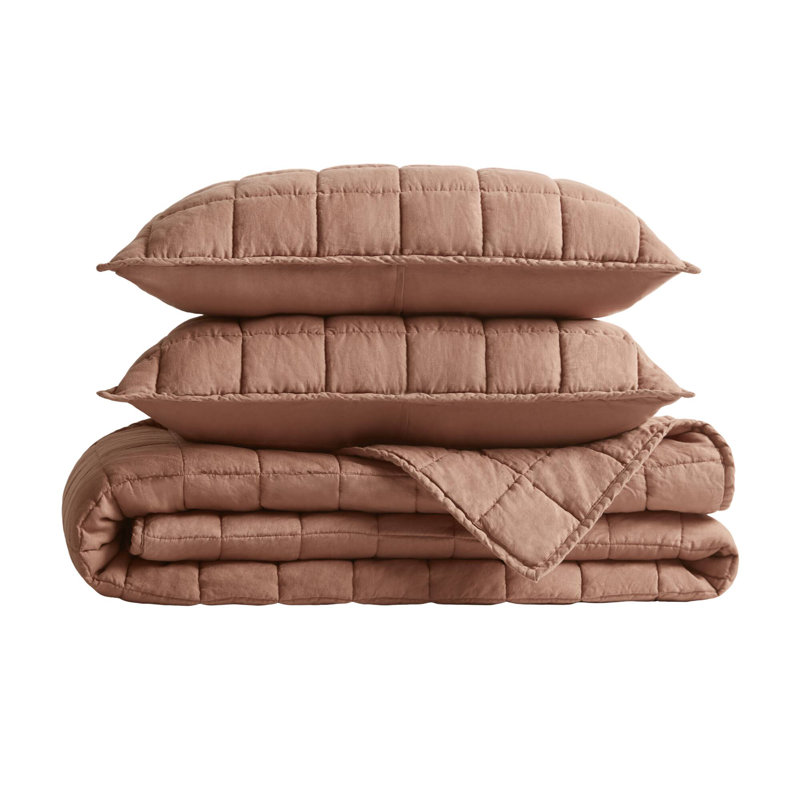 Ensemble de courtepointe 100% lin French Flax, Argile, Courtepointe double et 2 taies décoratives standa