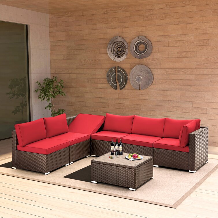 SINOFURN Rattan Outdoor Sectional with Red Cushion(S) and Rattan