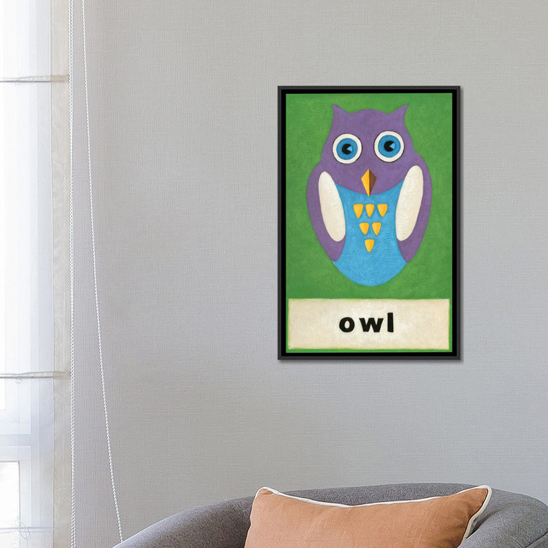 «O is for Owl» - Impression sur toile tendue, H 26 po x l 18 po x P 1,5 po, Toile avec cadre noir, Pas de tapis