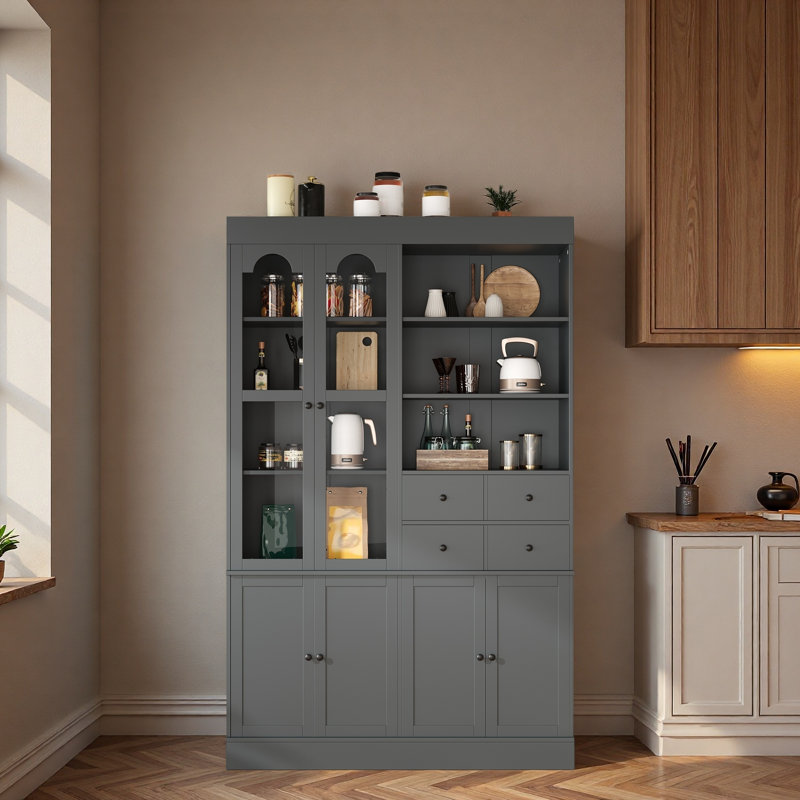 Buffet autoportant de 47,2 x 15,7 x 75 pouces avec huche, grand garde-manger avec 4 tiroirs, Gray