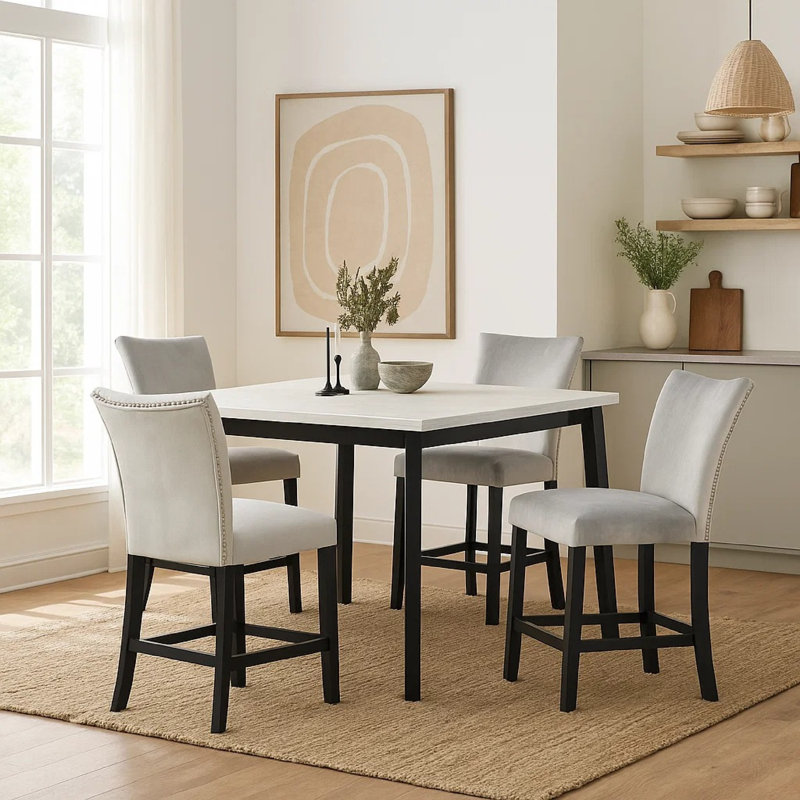Ensemble de table de salle à manger 5 pièces Soa, plateau carré en marbre blanc, 4 chaises, base noire, Blanc/Noir