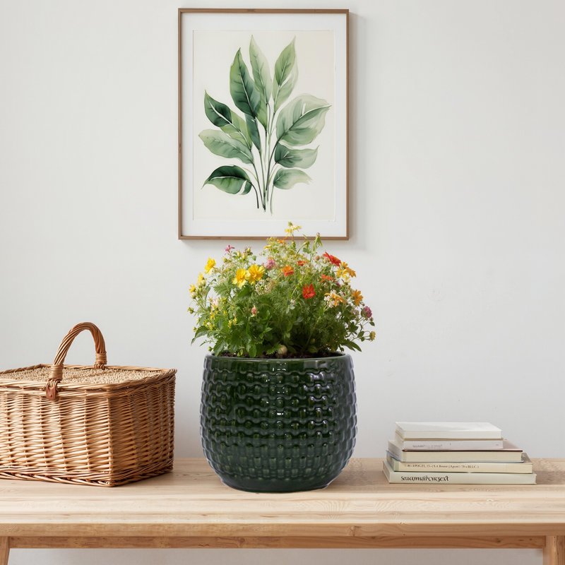 Ensemble de 3 pots de fleurs décoratifs en céramique pour l'intérieur et l'extérieur avec trou de drainage 9 po, Vert foncé