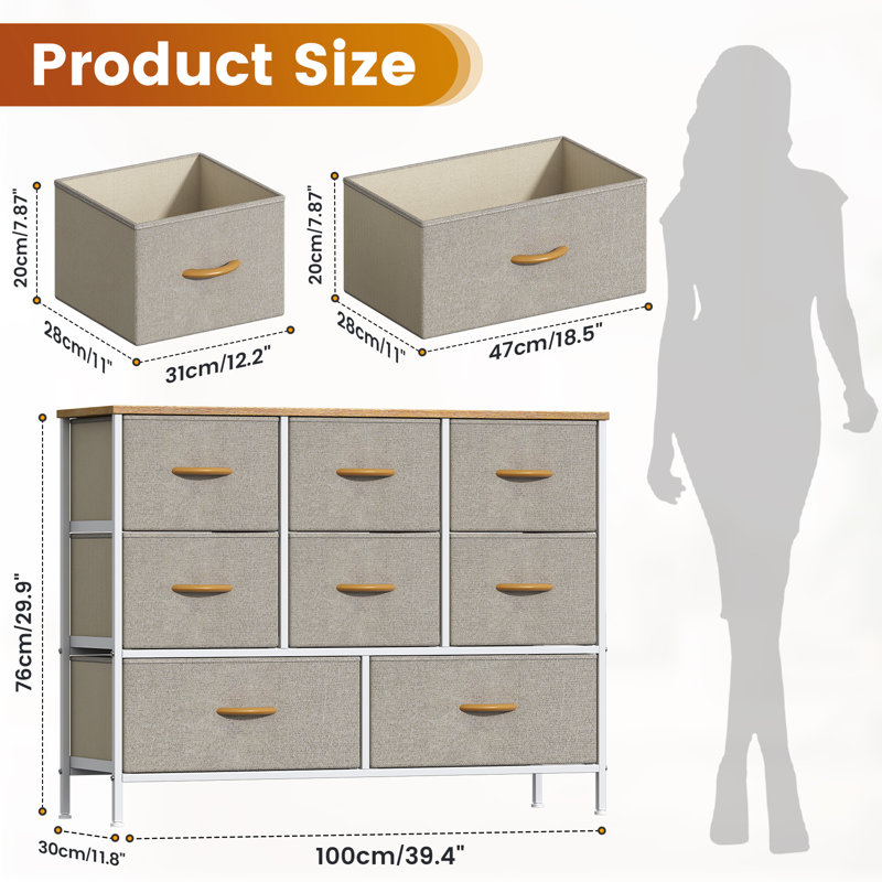 100 cm W Chest of 8 Drawers, Khaki