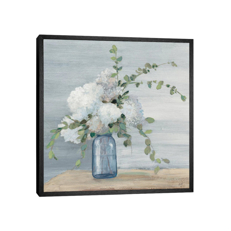 Morning Bouquet Navy Crop by Julia Purinton - Painting on Canvas, 45.72cm H x 45.72cm W x 3.81cm D, Black Framed
