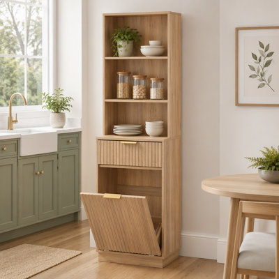 Tall Narrow Fluted Storage Cabinet with Hidden Trash Bin Compartment , Freestanding Cabinet, Fixed Open Shelves & Drawer, Anti‑Tip for Kitchen Home‑Office Living Room (Trash Can NOT Included)