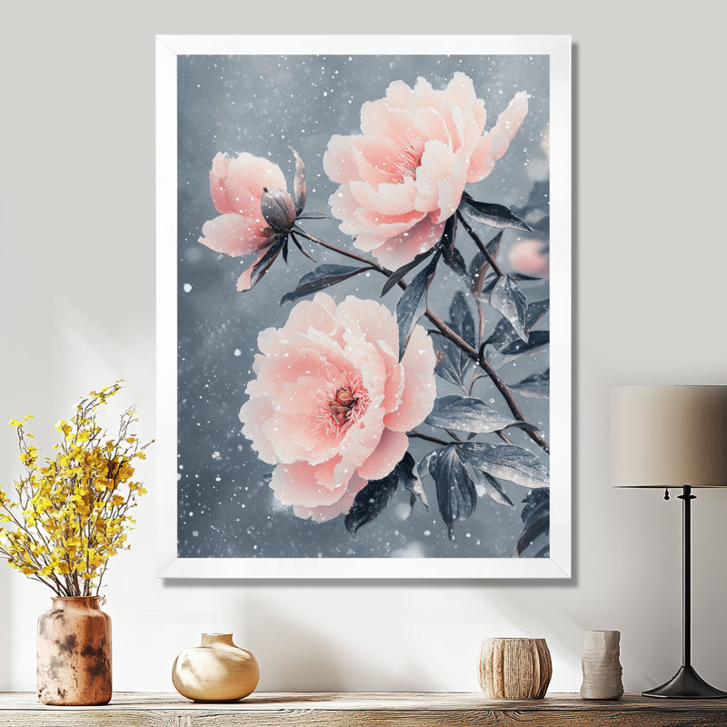 Pivoines au vent d'hiver II - décoration murale florale, H 20 po x l 12 po, Reproduction encadrée d'une seule photo, Blanc