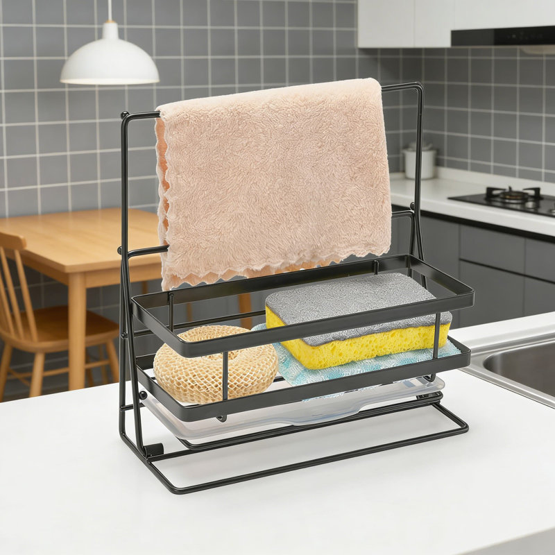 Organisateur de chariot de cuisine avec support à linge pliable, égouttoir et crépine - Éponge de comptoir multifonction et distributeur de savon pour évier