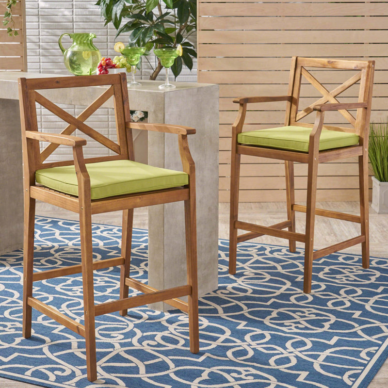 Tabouret de bar en bois d'acacia avec coussin résistant à l'eau (ensemble de 2), Vert