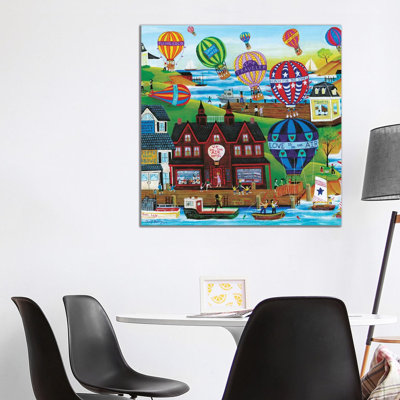 «Hot Air Balloon Seaside Village» par Cheryl Bartley - impression d'art graphique
