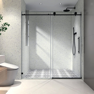 Porte de douche noire matte 6076, grandes poulies en acier inoxydable 304 de 70 mm, réglable, nettoyage nano, verre trempé, porte de salle de bain Essential 6076, conception avec fonction, facile à nettoyer, article