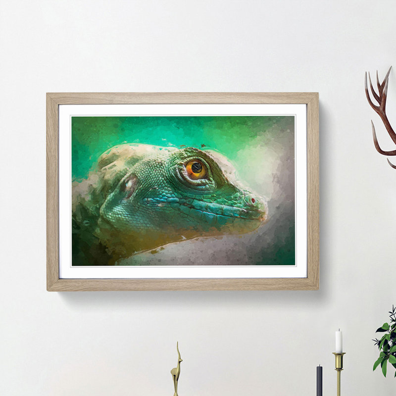 Green Lizard in Abstract - Picture Frame Graphic Art Print, 36cm H x 48cm W x 2cm D, Oak Framed