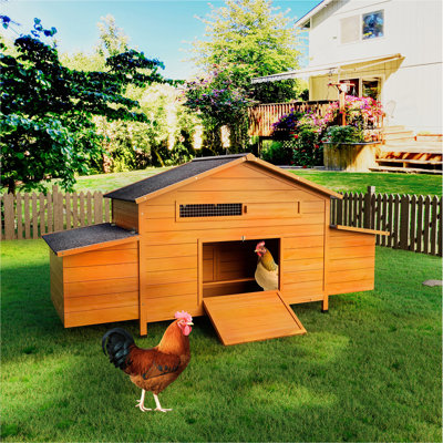 70＂Large Wooden Chicken Coop with 2 Nesting Box, Waterproof Roof, Secure Lock, Ventilated Hen House with Perch & Pull-Out Tray for Easy Cleaning