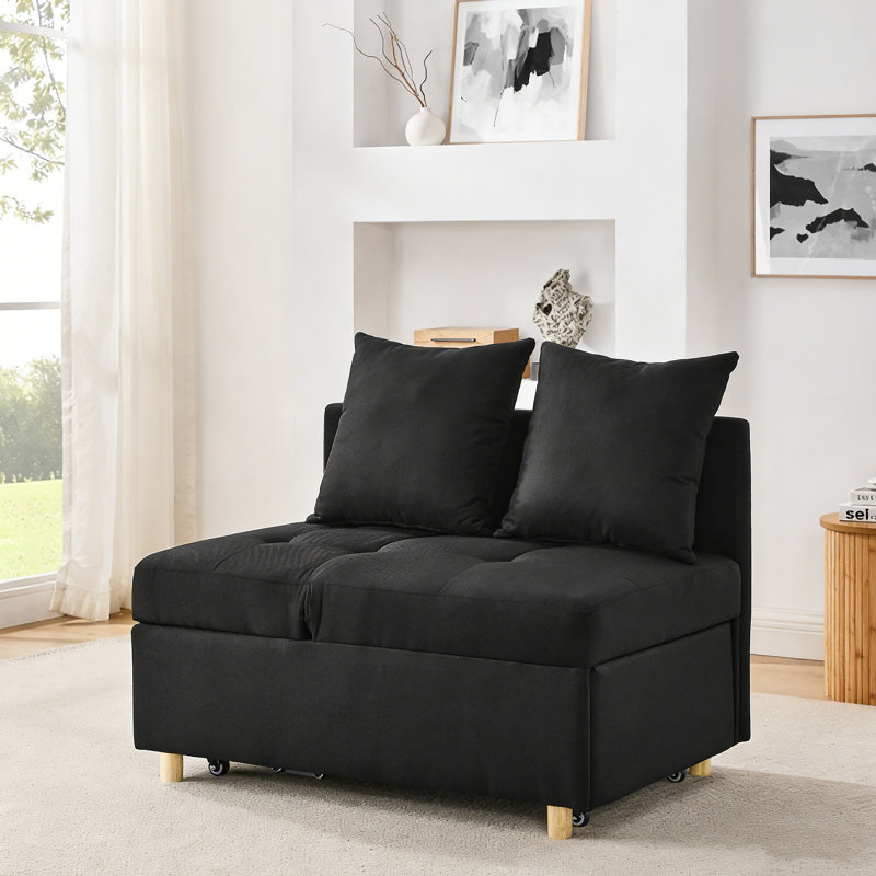 Black Convertible Pull Out Sofa Bed, Linen Fabric Sleeper Sofa With 2 Pillows & Caster Wheels, Compact Sleeper Loveseat