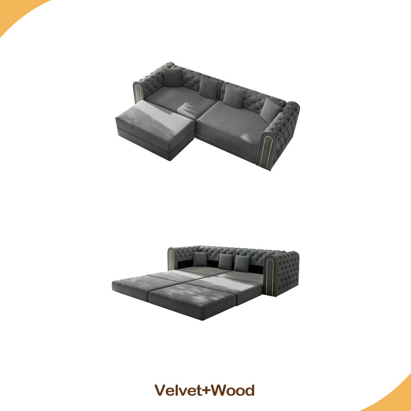 90.6" 3-In-1 Convertible Sleeper Sofa,Elegant Modern Couch With Button Tufted And Gold Edge Trim,3-Seater Couch With Movable Ottoman