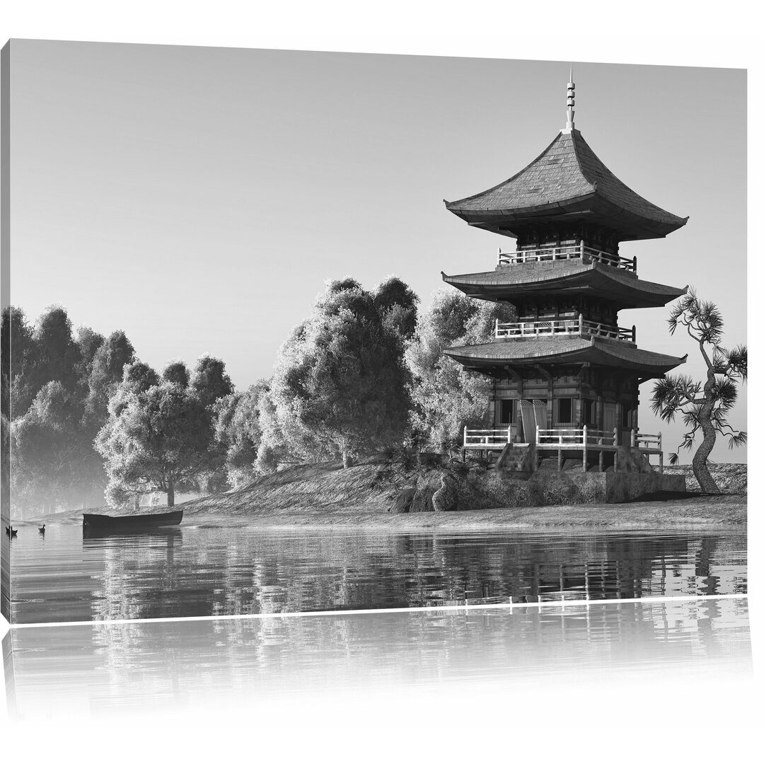 Leinwandbild „Prachtvoller asiatischer Tempel an See“, Fotodruck