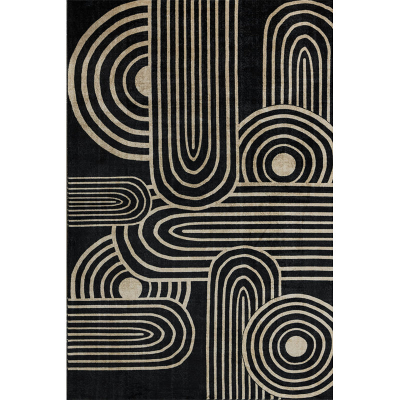 Tapis décoratif en polyester noir à rayures beige doux, Rectangle 5 pi 3 po x 7 pi 7 po