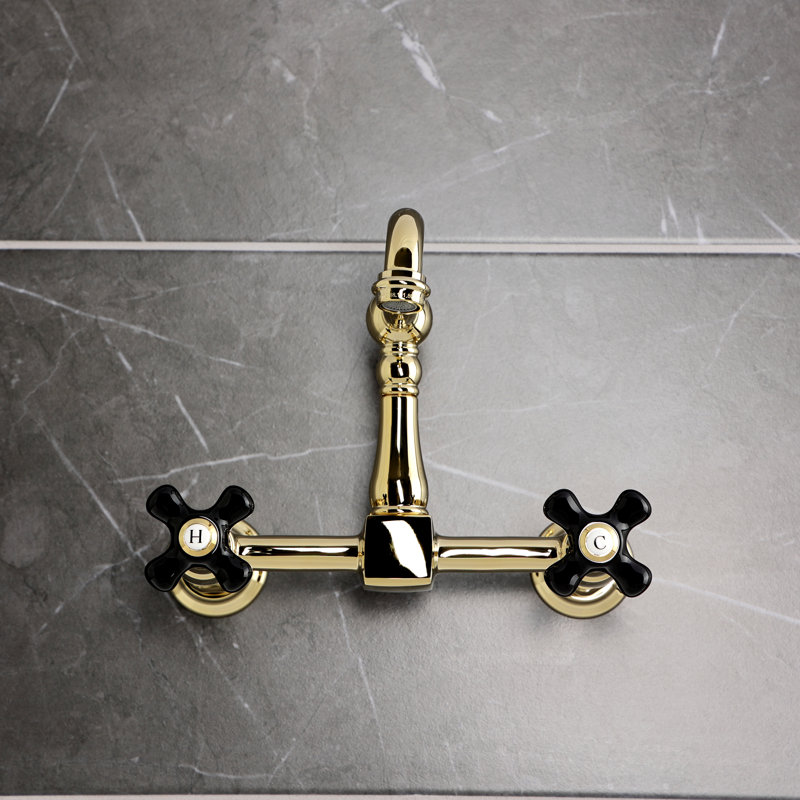 Kingston Brass Duchess Double-Handle 2-Hole Wall-Mount Bridge Kitchen Faucet, Polished Brass