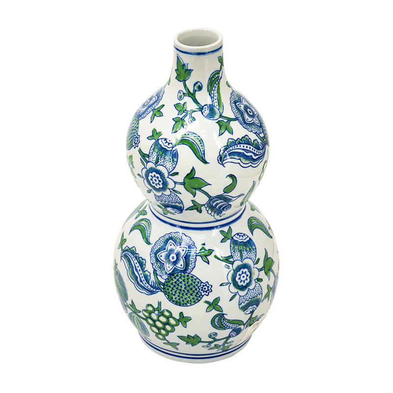 Porcelain Double Gourd Vase with Cherry Blossom Patterns - 7"Dia. x 13.5" - Blue/Green/White
