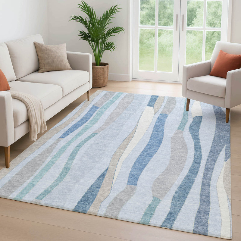Premium Machine Washable Mayfield AMF2188 Striped Rug, Sky, 2'6" x 3'10"