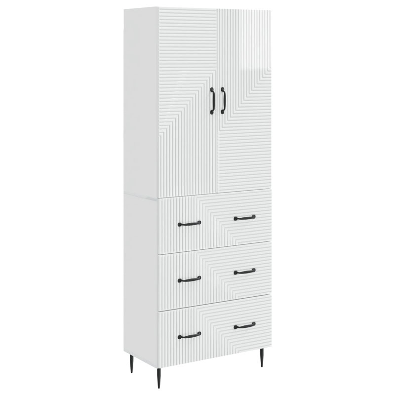  Cabinet Set 2 Pcs Engineered Wood Storage Home Furniture Solution, High Gloss White