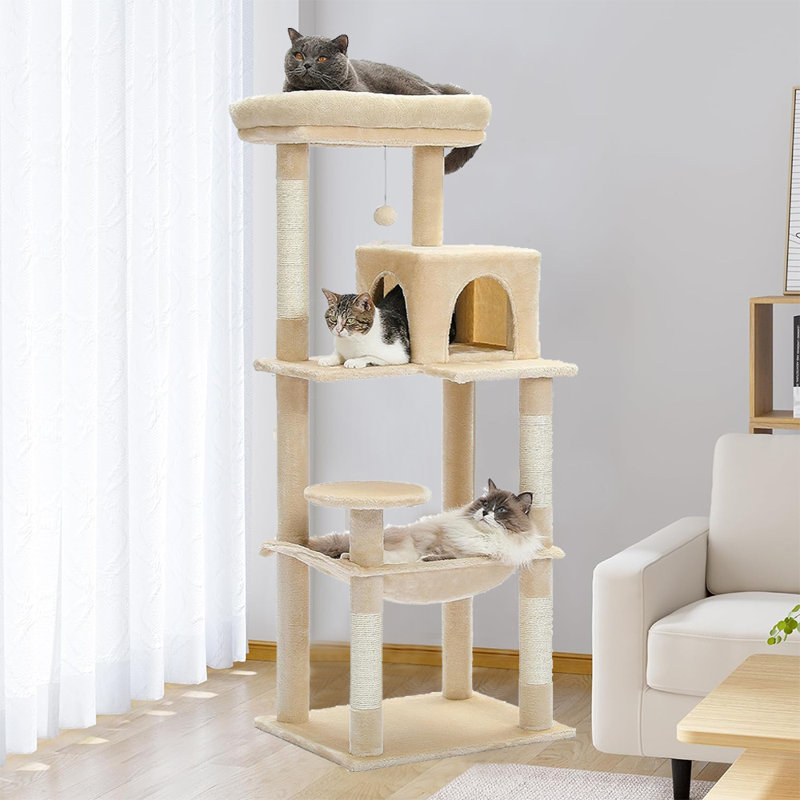 Grand arbre à chat Evleyn pour chat d'intérieur, tour pour chat multi-niveaux avec hamac très grand, Beige