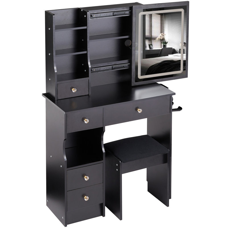 29.2" Small Size Left Drawer Desktop Vanity Table + Cushioned Stool