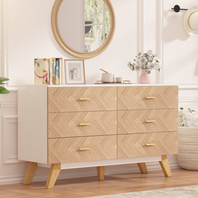 Wooden Double Dresser With 6 Drawers, 47.2" Large Dresser TV Stand For Bedroom,Closet, Hallway, White&Oak