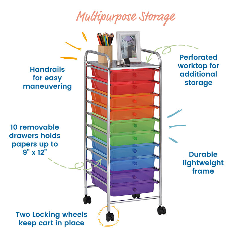 Assorted 10-Drawer Mobile Organizer with Chrome Frame