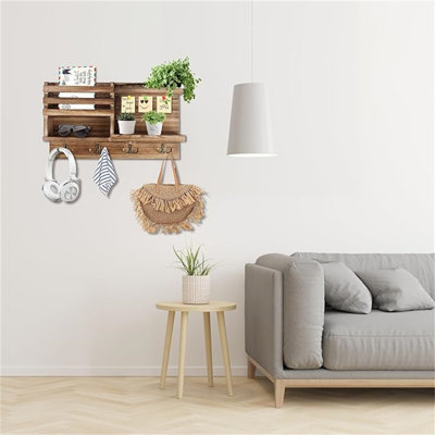 Key Holder Wall Mount, Solid Wood Key And Mail Organizer For Wall(Self Adhesive Or Drill), 8 Hooks Key Rack For Entryway Hallway Bedroom Farmhouse Home Decor (Burnt Brown)