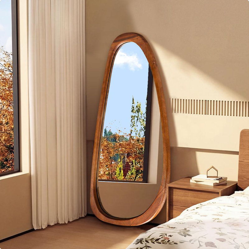 Asymmetrical Wood Framed Accent Wall Mirror, Brown, 48" x 22"