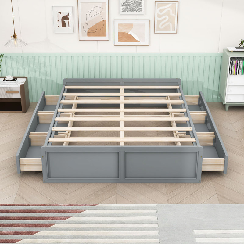 Grand lit plateforme en bois 6 tiroirs