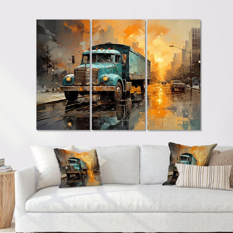 Brun, années 30, livraison de camion I - ensemble d'art mural en toile, H 32 po x l 48 po x P 1 po