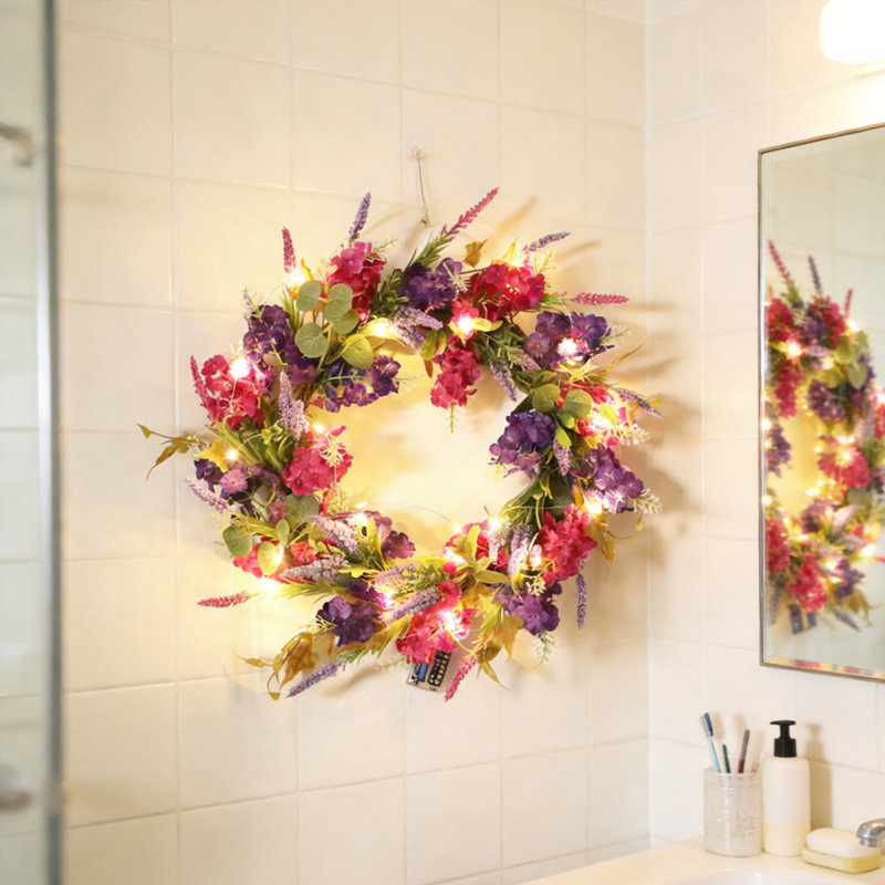 Couronne d'hortensia artificielle avec lumière, pour toutes les saisons, Blanc chaud