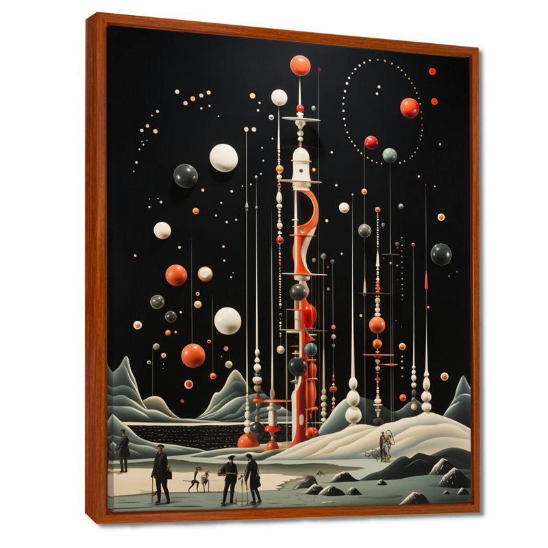 Illustration rétro d'une fusée spatiale - art mural espace, Toile avec cadre flottant brun, H 32 po x l 24 po x P 1 po