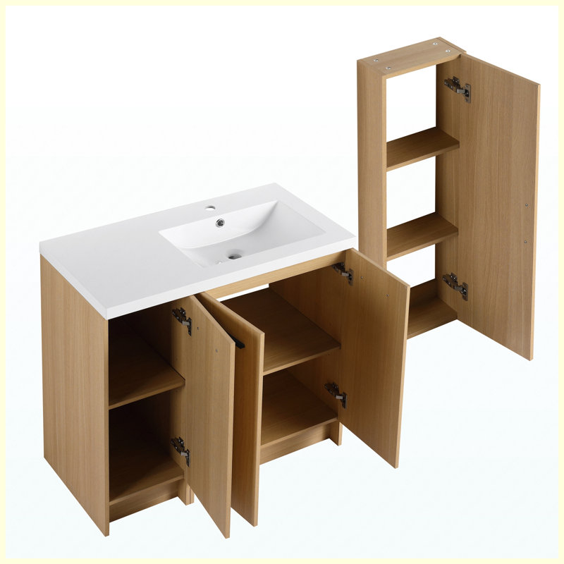 Ensemble de meuble-lavabo sur pied 36 po avec armoire à linge haute, rangement à 3 portes, lavabo simple en résine, finition chêne clair