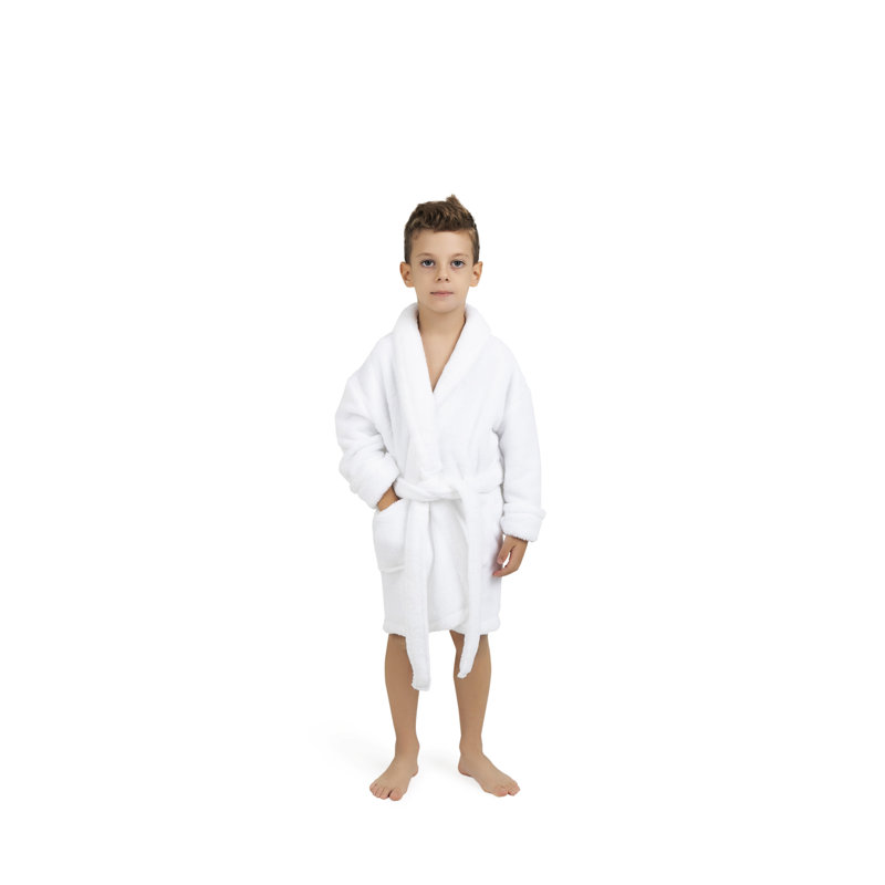 Kids' Medium White Plush Fleece Bathrobe with Pockets