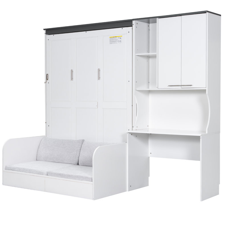 Lit escamotable double avec canapé, bureau et armoire de rangement, lit escamotable mural, lit multifonctionnel peu encombrant