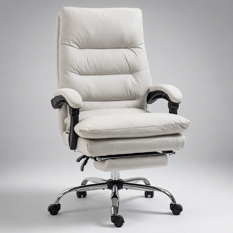 Fauteuil de bureau massant Vinsetto en microfibre avec dossier inclinable chauffant, repose-pieds, rembourrage double couche, roulettes pivotantes, blanc crème