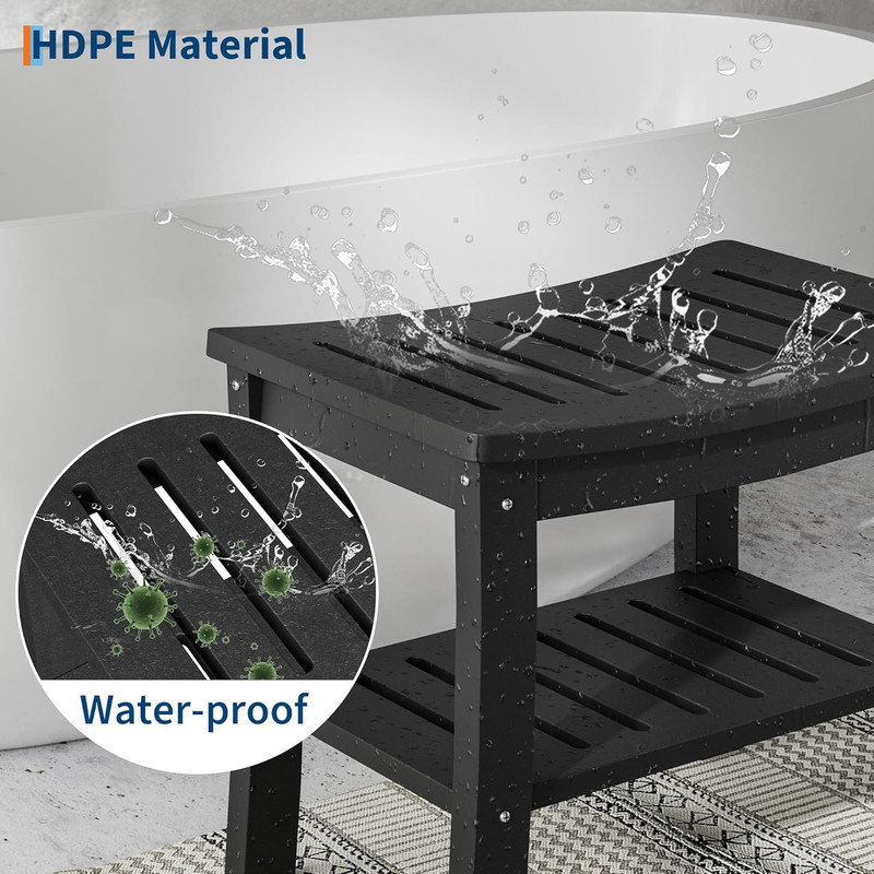 HDPE Shower Bench with Storage Shelf,Waterproof Shower Seat Stool Chair for Bathroom Bathtub,Non-Slip Spa Stool, Black