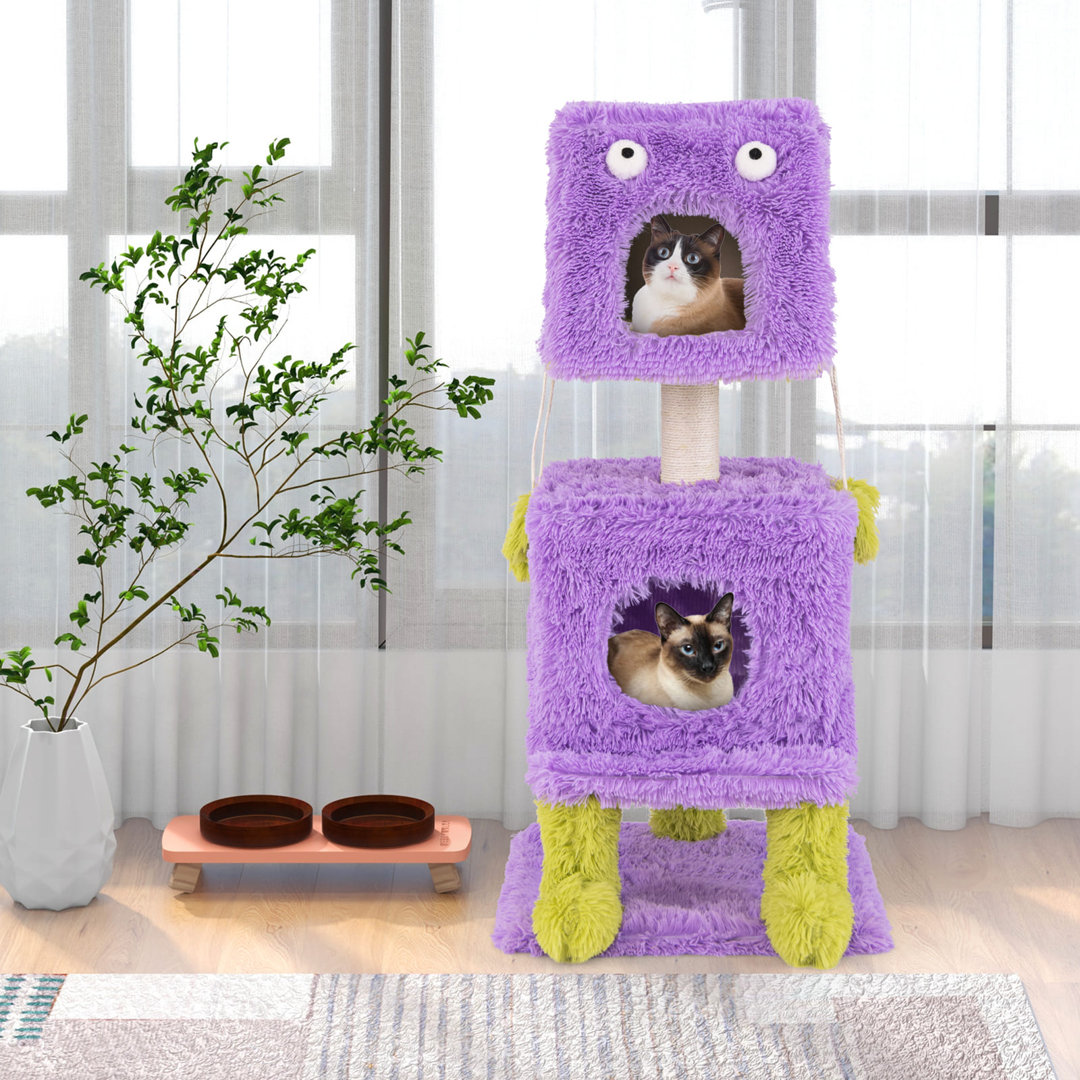 111cm Cat Tree Cute Monster-Themed Cat Tower w/ 2 Private Condos