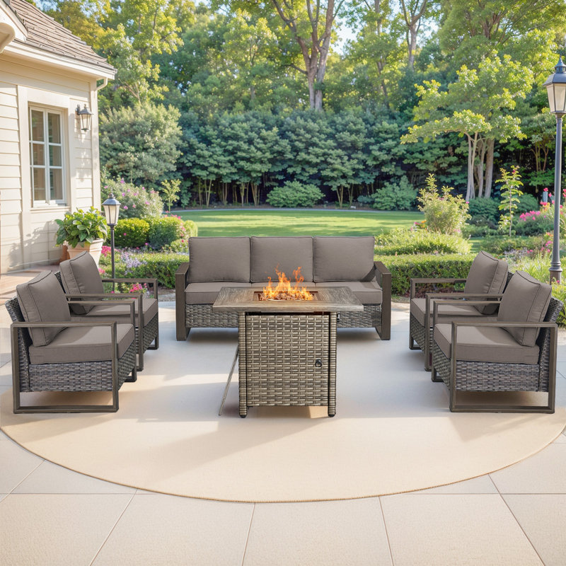 Palomares 6-Piece Outdoor Wicker Patio Square Fire Pit Conversation Set With 4 Armchairs For Patio, Garden & Yard, Gray, Gray