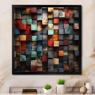 «Blue and Red Abstract Cubes II - Abstract Cubism», reproduction d'art murale