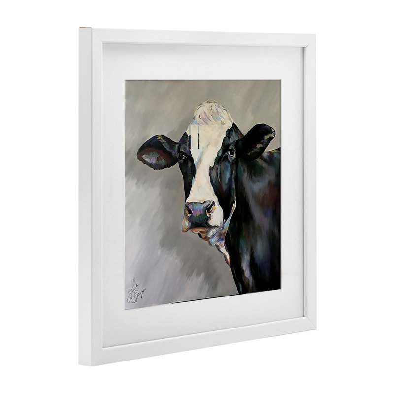 Belle vache noire et blanche, reproduction encadrée sous verre, design par Linda Sperruche, H 13 po x l 13 po