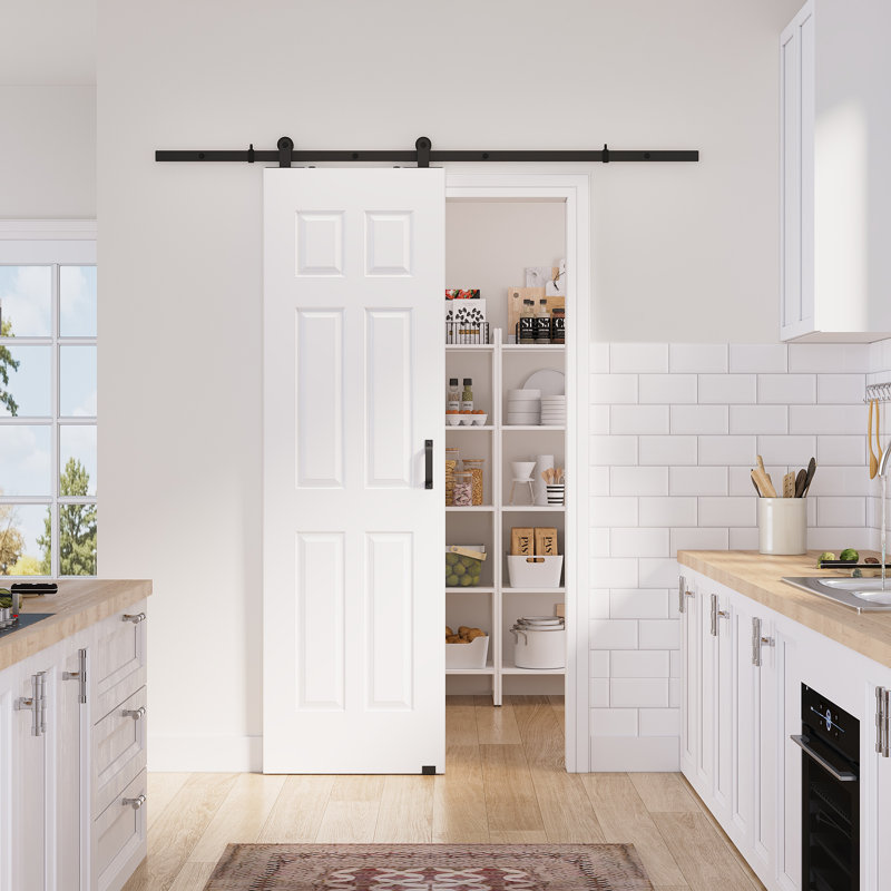 24in.x 80in.6 Panelled White Door Slab Prefinished Surface With All Barn Door Hardware Kit, 24in.x 80in.