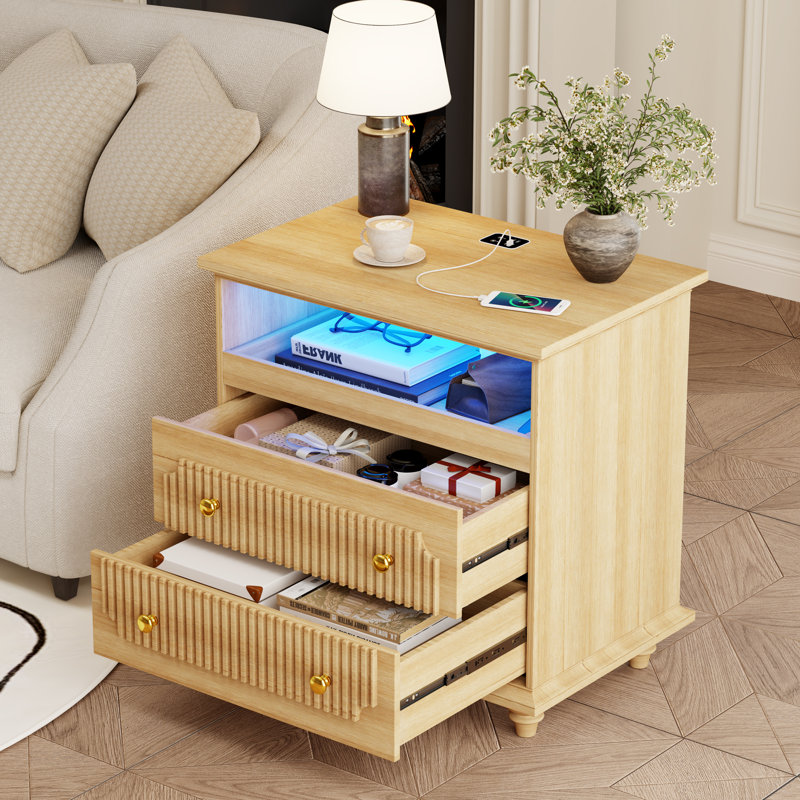 Table de chevet 2 tiroirs avec lumière, Bois
