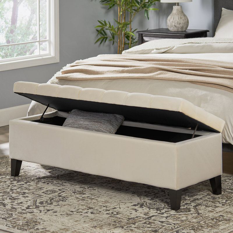 Button - Tufted And Diamond - Stitched Storage Ottoman, Beige, Beige