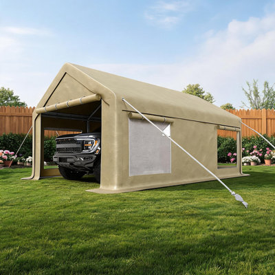 10x20 ft Portable Carport, Steel Frame with PE Tarp, Doors & Windows for Vehicles, Double Gray