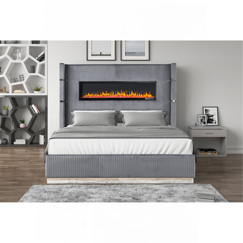 Ensemble de chambre avec grand lit 4 pièces et éclairage ambiant en velours gris Upholstery